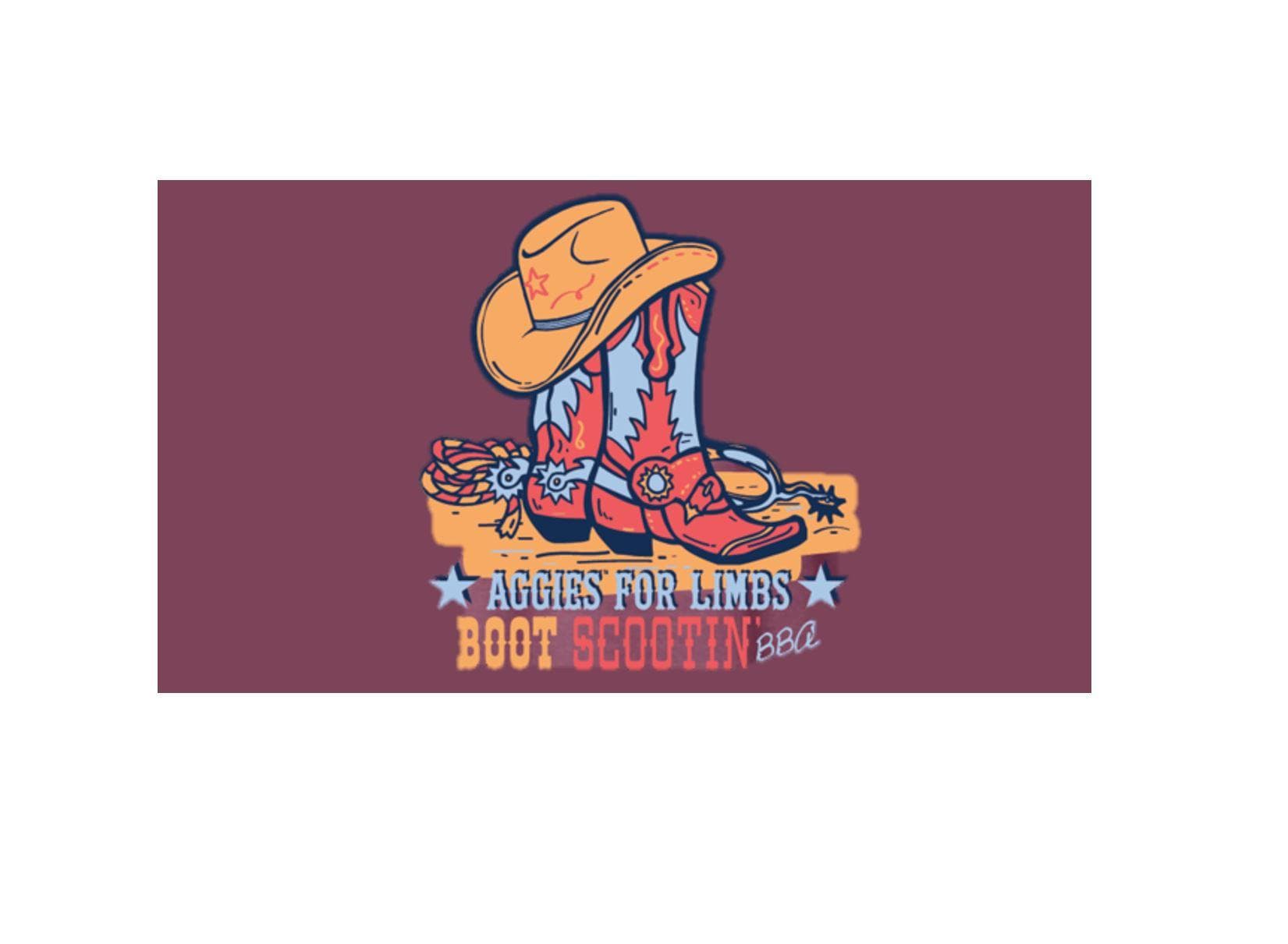 Boot Scootin' BBQ event logo featuring western boots and cowboy hat design in orange and red colors